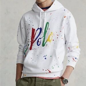 Polo Ralph Lauren Men’s Splatter Paint Logo Graphic Pullover Hoodie White NWOT